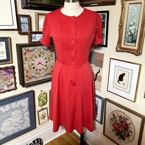 70s Vintage Montgomery Ward Red Short Sleeve Midi Dress with Pintuck Detail 2X